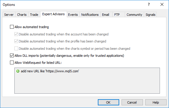 A opção "Allow import DLL" em programas-MQL5