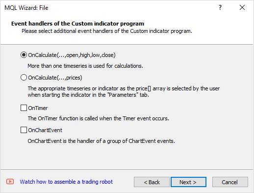 MQL5 Wizard: Selecting event handlers when creating an indicator